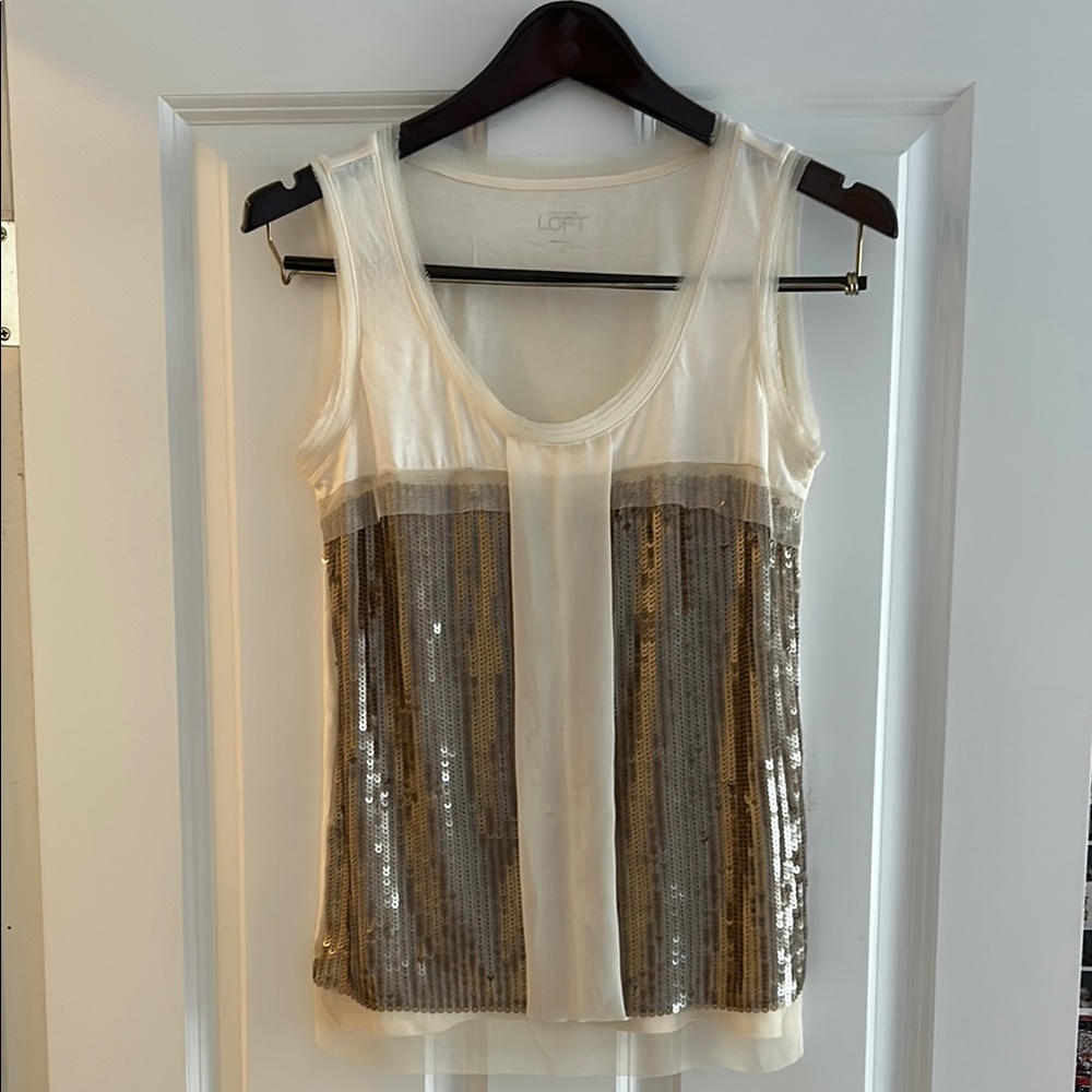 LOFT White and Gold Sequin Women's Top -XS